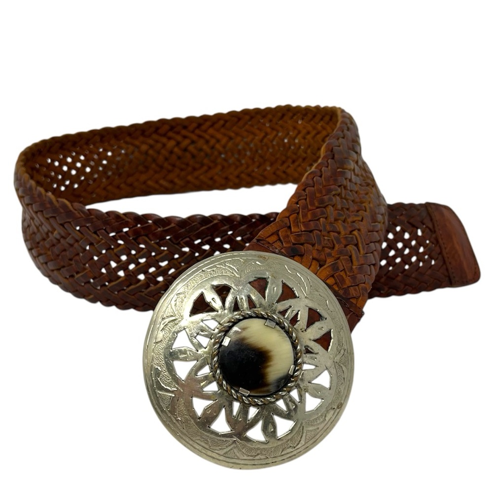 Woven leather belt with bold round silver buckle